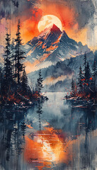 watercolor paint style,watercolor painting, snow mountain, lake, sunset, grassland
