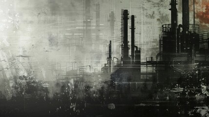 Grungy Industrial Manufacturing Cityscape with Copy Space for Text About Business and Technology - obrazy, fototapety, plakaty