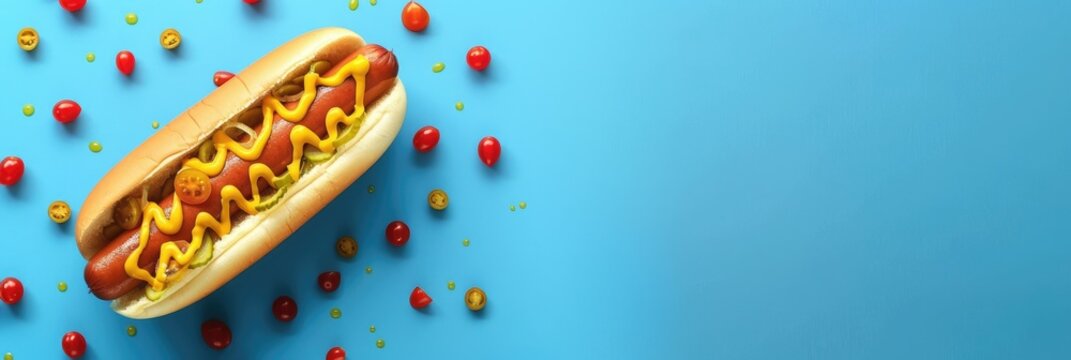 Hot Dog Graphic with Vibrant Mustard and Relish Accents on a Bold Blue Background