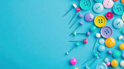 Multi-colored stationery buttons with needles on blue background in corner Colorful push pins on blue background. Top view with copy space - obrazy, fototapety, plakaty