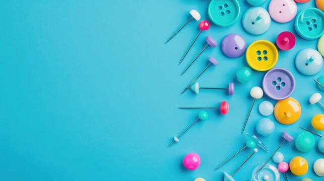 Multi-colored stationery buttons with needles on blue background in corner Colorful push pins on blue background. Top view with copy space