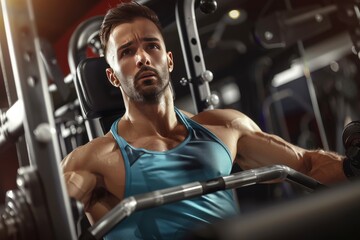 Man in Blue Tank Top Working Out With Barbell - obrazy, fototapety, plakaty
