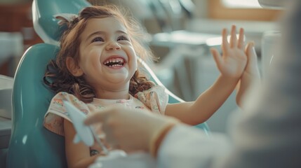 As the girl sits in the dentist's chair, she gives a high five to the doctor and laughs. Dental care, trust, and patient care. Children's denA dental practice built on trust and patient care. - obrazy, fototapety, plakaty