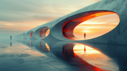 future building in sunset lonely world - obrazy, fototapety, plakaty