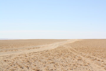 A very lonely desert road in the middle of nowhere, Dundgovi province, Mongolia. The desert itself is so silent and isolated. I do not see any other vehicle for hours along the way. 