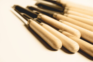 Set of stameses for cutting through wood. Carpentry concept.