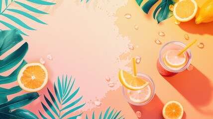 Tropical Fruit Smoothie Graphic with Vibrant Leaves and Citrus Accents for Digital Background or Wallpaper