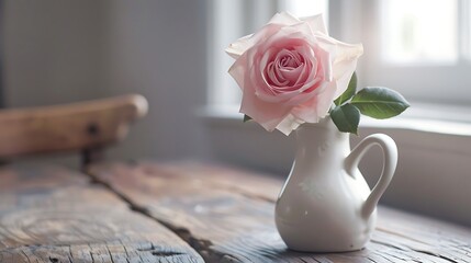 Beautiful light pink rose in a white jug vase on wooden dining table