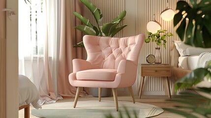 Comfortable pale pink upholstered chair in a cozy bedroom interior with double bed and green and leaves decorations