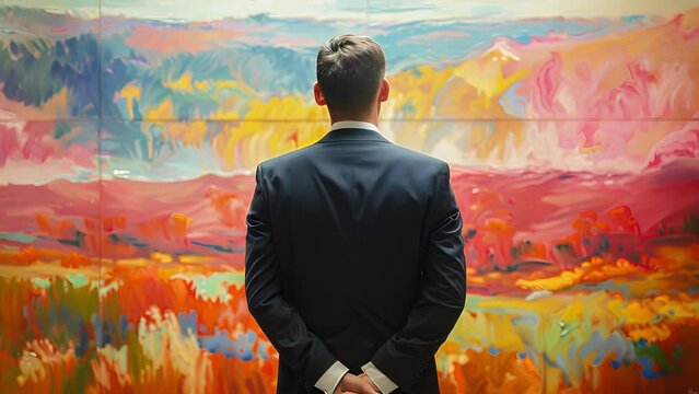 A man in a suit stands with his back to the camera admiring a large landscape painting with his hands clasped behind his back. . .