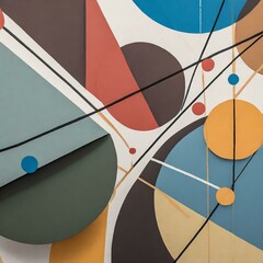abstract background.a mural featuring separate lines intersecting with round color shapes on a wall. The composition should celebrate harmony and balance through the juxtaposition of geometric forms a