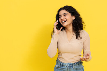 Happy Woman Talking On Smartphone Isolated On Yellow Background, Casual Communication Lifestyle,...