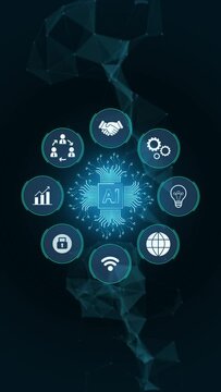 Artificial intelligence chip. Vertical. Concept of using data and algorithms, AI learning and development. Intelligent AI learning system. Intelligent cybernetic brain.