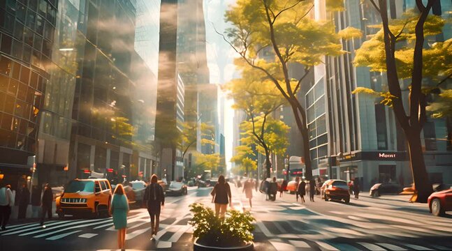 Sunlight filters through the foliage of trees in a bustling city street, casting long shadows and illuminating pedestrians and taxis in motion