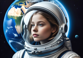 Young beautiful girl astronaut in a spacesuit in outer space against the backdrop of the planet Earth