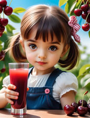 Little girl enjoying fresh cherry juice outdoors on a sunny day