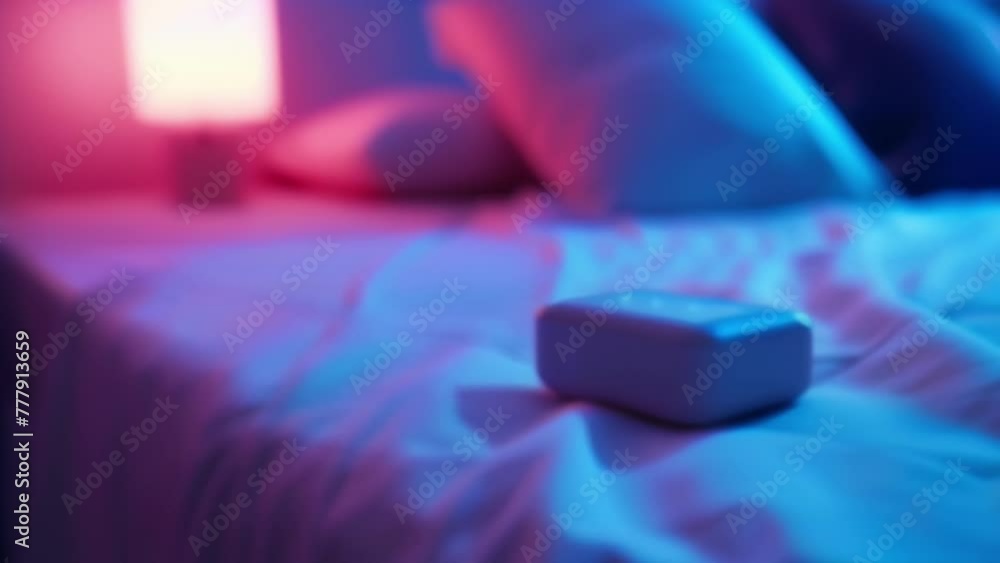 Poster a closeup of a small inconuous device attached to the side of the bed which collects data on sleep m