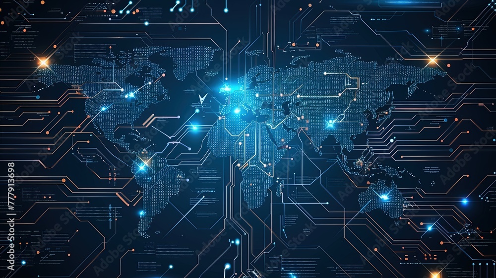 Wall mural the illuminated digital map of the world is engraved on a dark printed circuit board. innovative pc.