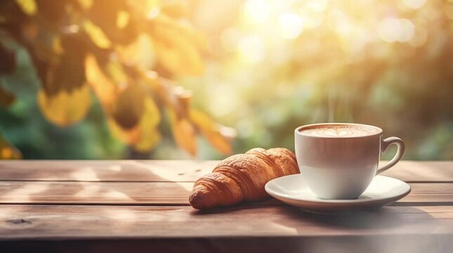 Delicious coffee and bread on cozy background video