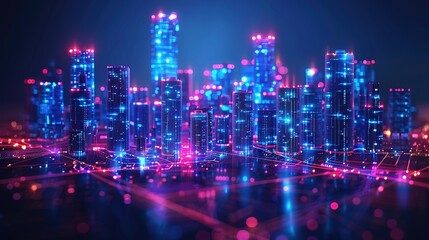 Obraz premium Wi-Fi smart city or network. Low poly wireframe. Building automation with computer board illustration. Isolated on a dark blue background. Plexus points and lines. Wireless smart city or network