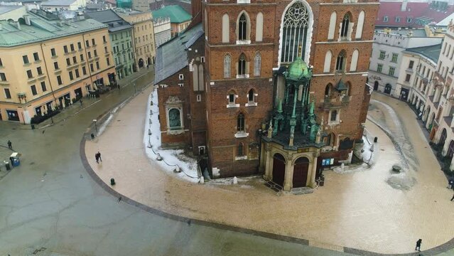 Aerial View On Bazylika Mariacka In Cracow, Beautiful Polish Footage
