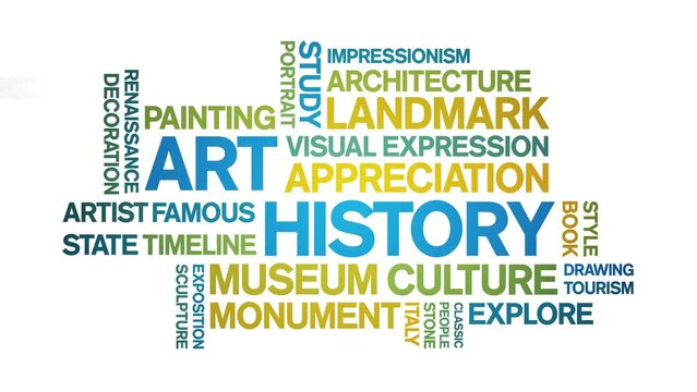 Art History animated word cloud;text design animation tag kinetic typography seamless loop.