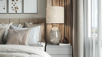 modern style bedroom with pillows on bed and modern grey lamp on side table at home