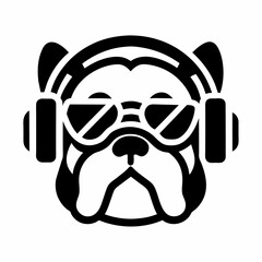 Stylish Bulldog Vector Illustration with Glasses and Headphones - Minimalistic Black and White Logo Design for Branding and Marketing
