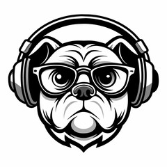 Stylish Bulldog Vector Illustration with Glasses and Headphones - Minimalistic Black and White Logo Design for Branding and Marketing