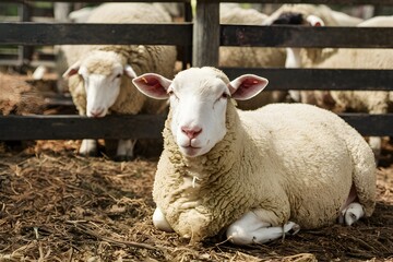 Fototapeta premium Content sheep contentedly resting in corral on farm premises