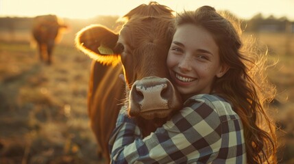 An agricultural farmer hugging a cow with sunlight, a concept that relates to veterinary healthcare - Powered by Adobe