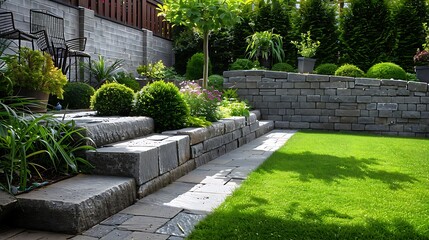 Neat and tidy garden with granite wall and solid block steps