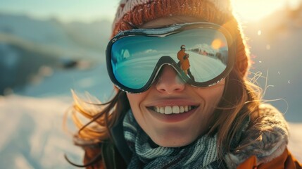 Sheregesh snow resort, sunset, with woman snowboarder in retro sportswear and thermal underwear