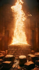 Abstract illustration of stone altar with wood burned by fire. Representation of the fire of God that came down from the heavens and burned Elijah's sacrifice. - obrazy, fototapety, plakaty
