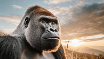 black and white head portrait of a gorilla