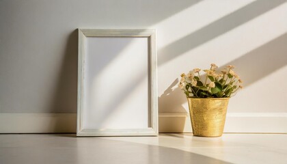 in this clean and simple setup a small white frame blank mockup for customization rests against a white wall on the floor accompanied by a white flower pot