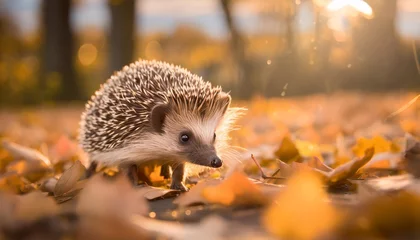 Poster a cute little wild hedgehog walking through golden autumn leaves © Katherine