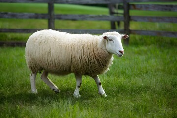 Obraz premium Curious sheep exploring its surroundings on the tranquil farm