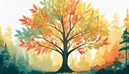 a vibrant vector illustration featuring a tree adorned with colorful leaves set in a lush forest against a white background