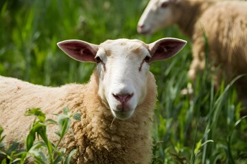 Curious sheep gazing directly at the camera amidst lush field