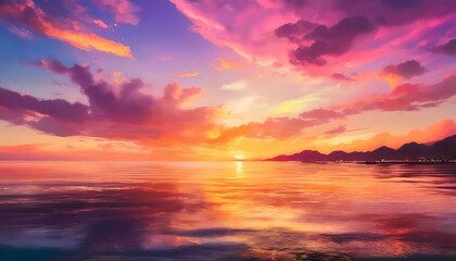 anime styled breathtaking sunset over a calm ocean with hues of orange pink and purple painting the...