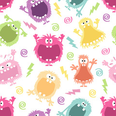 funny hairy monsters in pastel rainbow colors with copy space in their open big mouths, seamless border pattern, cartoon vector illustration to print wrapping paper, cards, textile fashion