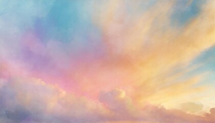 colorful watercolor background of abstract sunset sky with puffy clouds in bright rainbow colors of pink blue yellow orange and purple