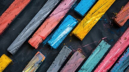 Close up of multicolor chalk on black background ,Photo of colorful drawing and oil pastels crayons, texture for background. Selective focus , A lot of colorful chalk lying on the dirty white desk

