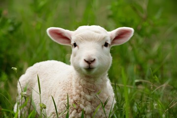 Naklejka na ściany i meble Cute lamb gazes innocently in green meadow, charming viewers