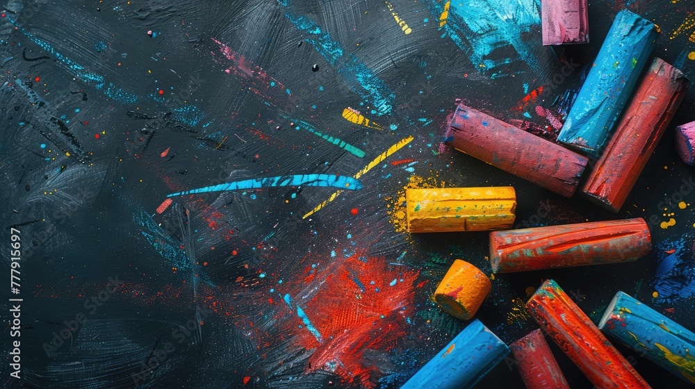 Wall mural Close up of multicolor chalk on black background ,Photo of colorful drawing and oil pastels crayons, texture for background. Selective focus , A lot of colorful chalk lying on the dirty white desk
 - Wall murals
