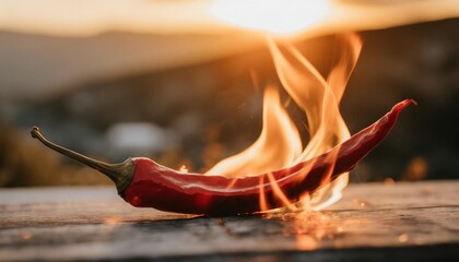 a close up capture of a fiery red chili pepper with flames dancing along its edges - obrazy, fototapety, plakaty