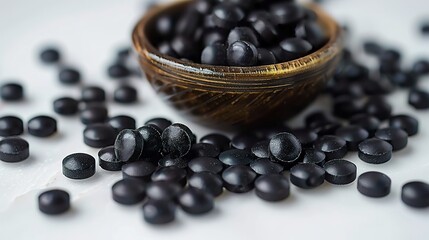 Black-colored Chinese pills are presented, emanating an aura of mystery and tradition. Chinese medicine with black capsules in ancient oriental practice.