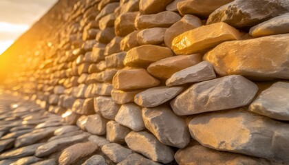 a closeup of a stack of cobblestone rocks used as building material for walls or road surfaces the natural pattern of the bedrock creates a unique and durable composite material - obrazy, fototapety, plakaty
