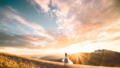 an impressive shining radiant sky with different colors and a small girl watching it magical wallpaper ai generated image - obrazy, fototapety, plakaty